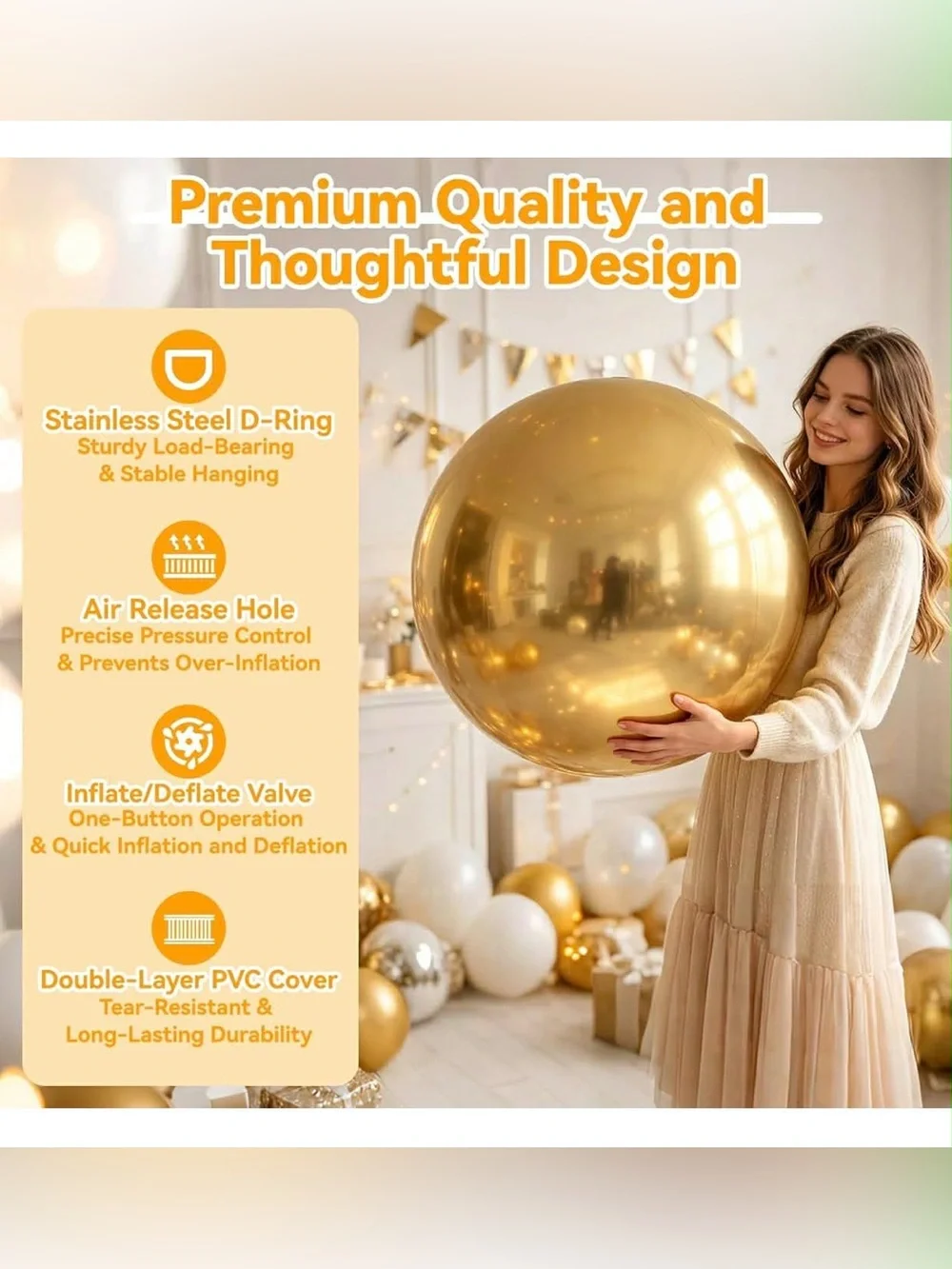 Inflatable Mirror Ball Gold, Reusable Large PVC Bubble Balloon 19.7in/0.5m